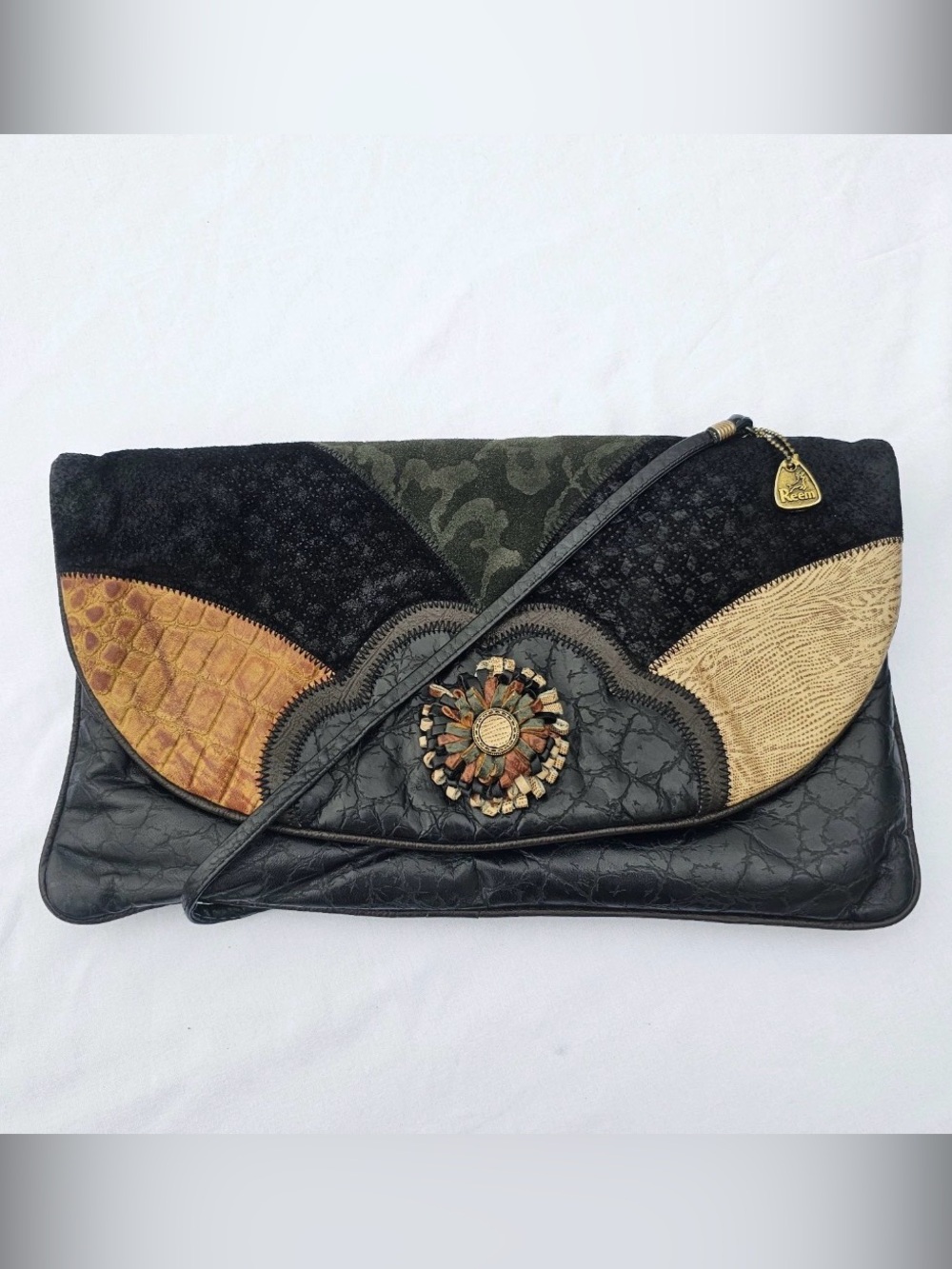 Vtg 80s Boho Patchwork Leather Crossbody Floral Applique Whimsigoth Artsy Indie